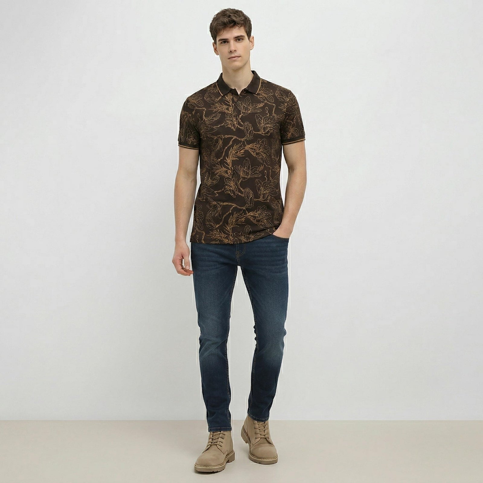Men Tan Floral Printed Polo Collar T-shirt