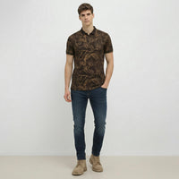 Men Tan Floral Printed Polo Collar T-shirt
