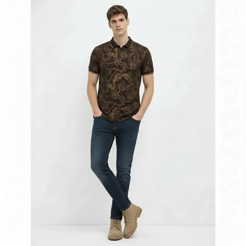 Men Tan Floral Printed Polo Collar T-shirt