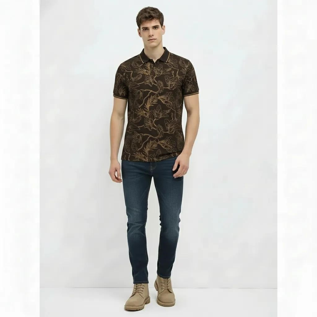 Men Tan Floral Printed Polo Collar T-shirt