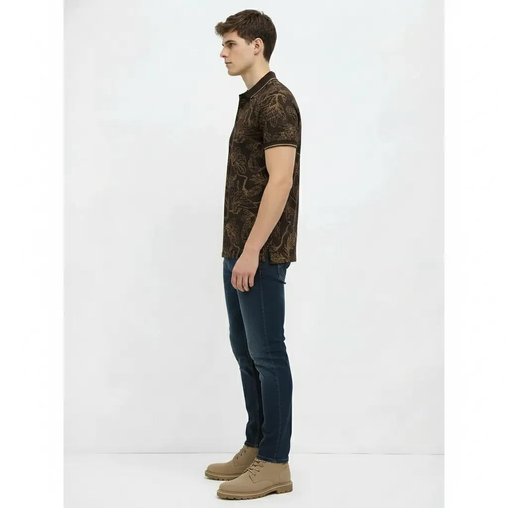Men Tan Floral Printed Polo Collar T-shirt