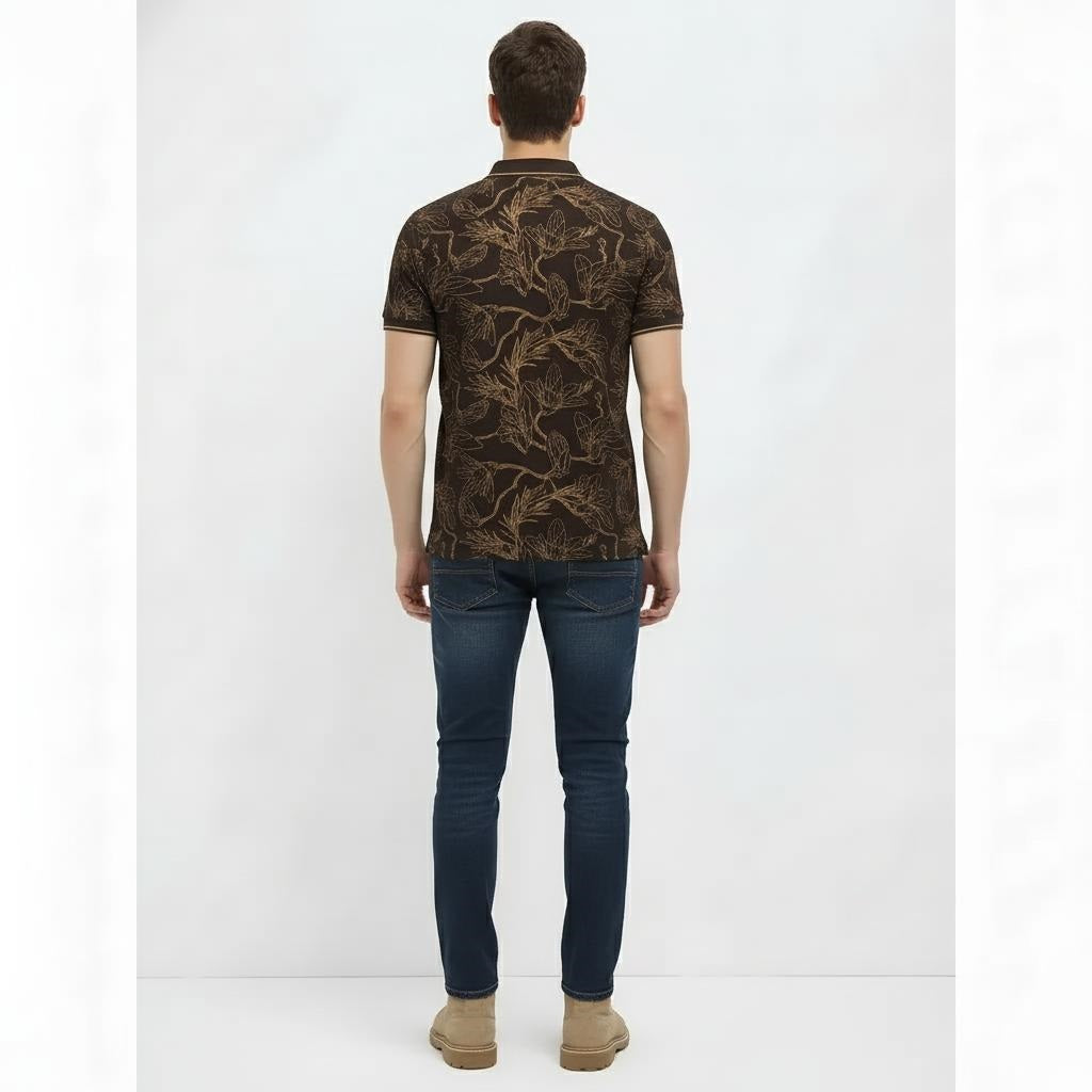 Men Tan Floral Printed Polo Collar T-shirt