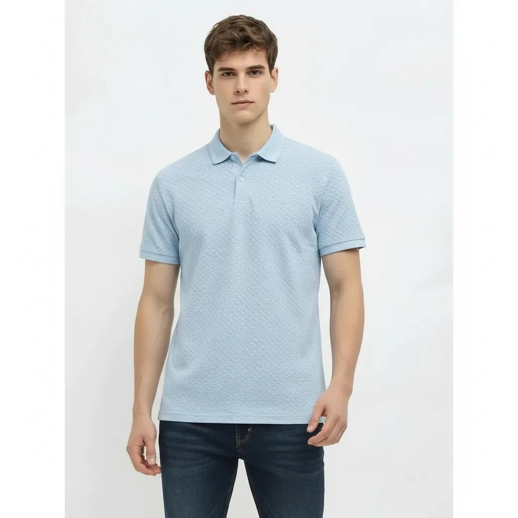 Men Delicate Blue Polo Collar Self Design T-shirt