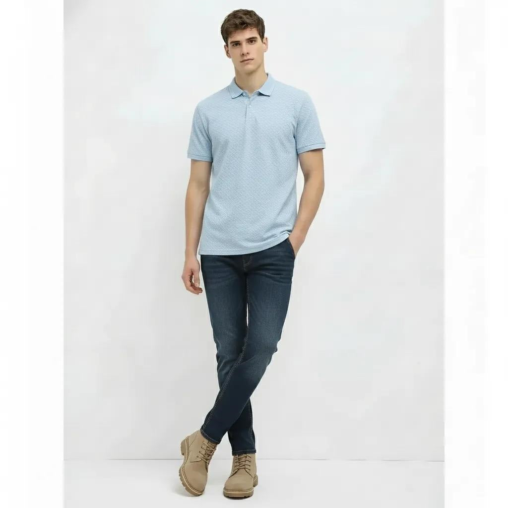 Men Delicate Blue Polo Collar Self Design T-shirt