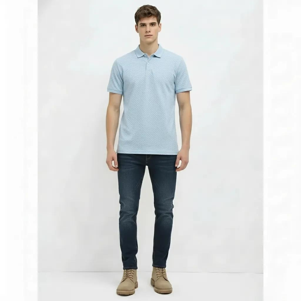 Men Delicate Blue Polo Collar Self Design T-shirt