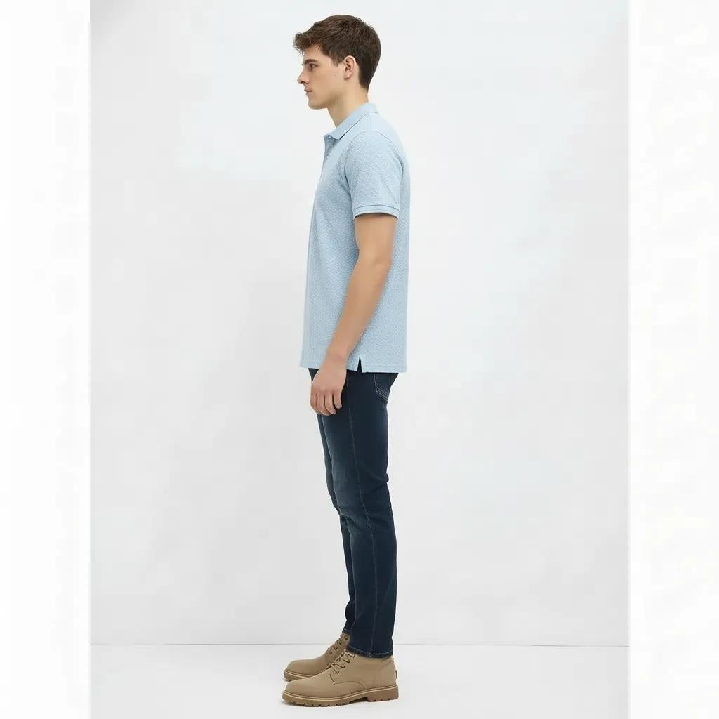 Men Delicate Blue Polo Collar Self Design T-shirt