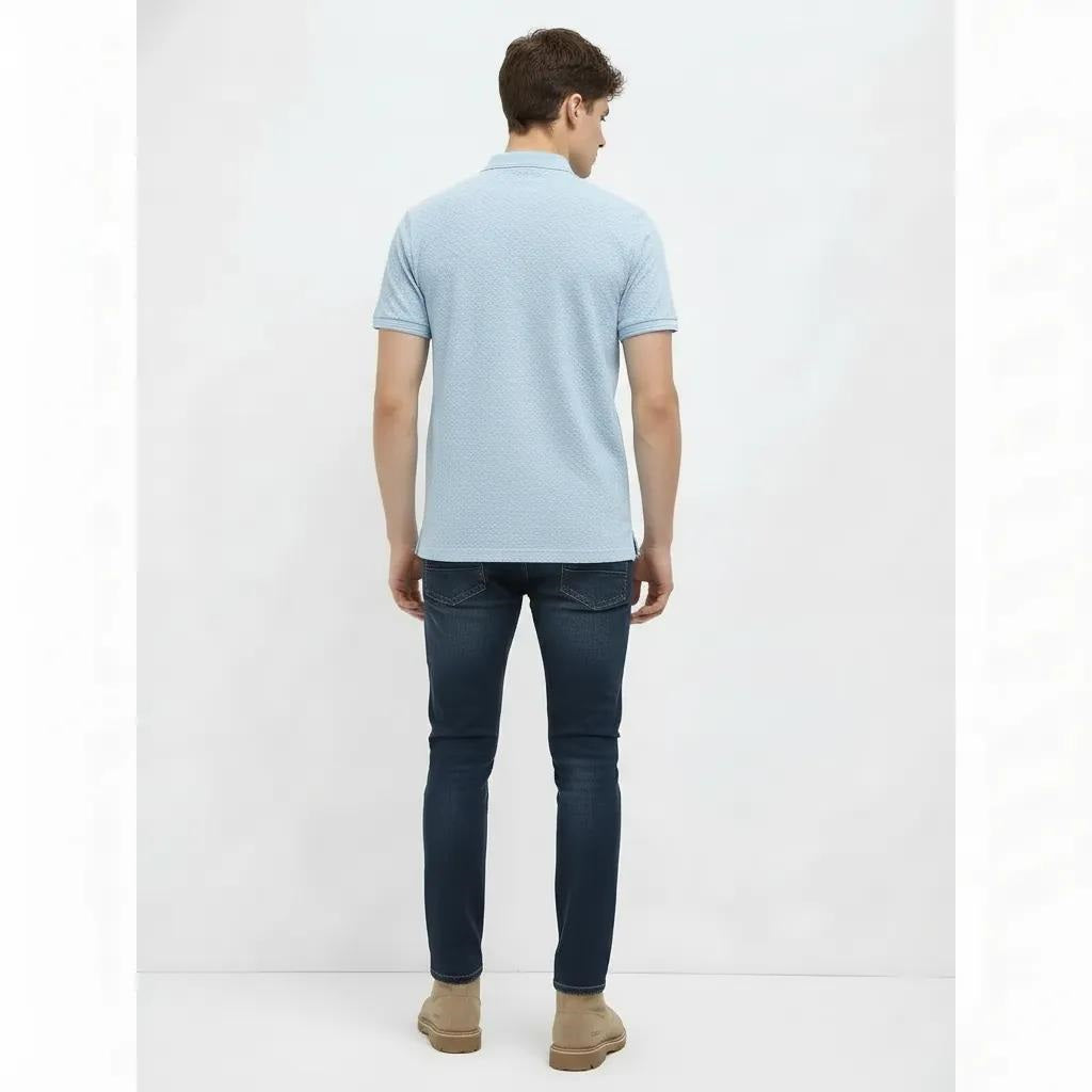 Men Delicate Blue Polo Collar Self Design T-shirt