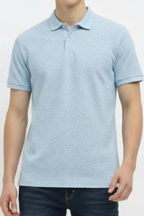 Men Delicate Blue Polo Collar Self Design T-shirt