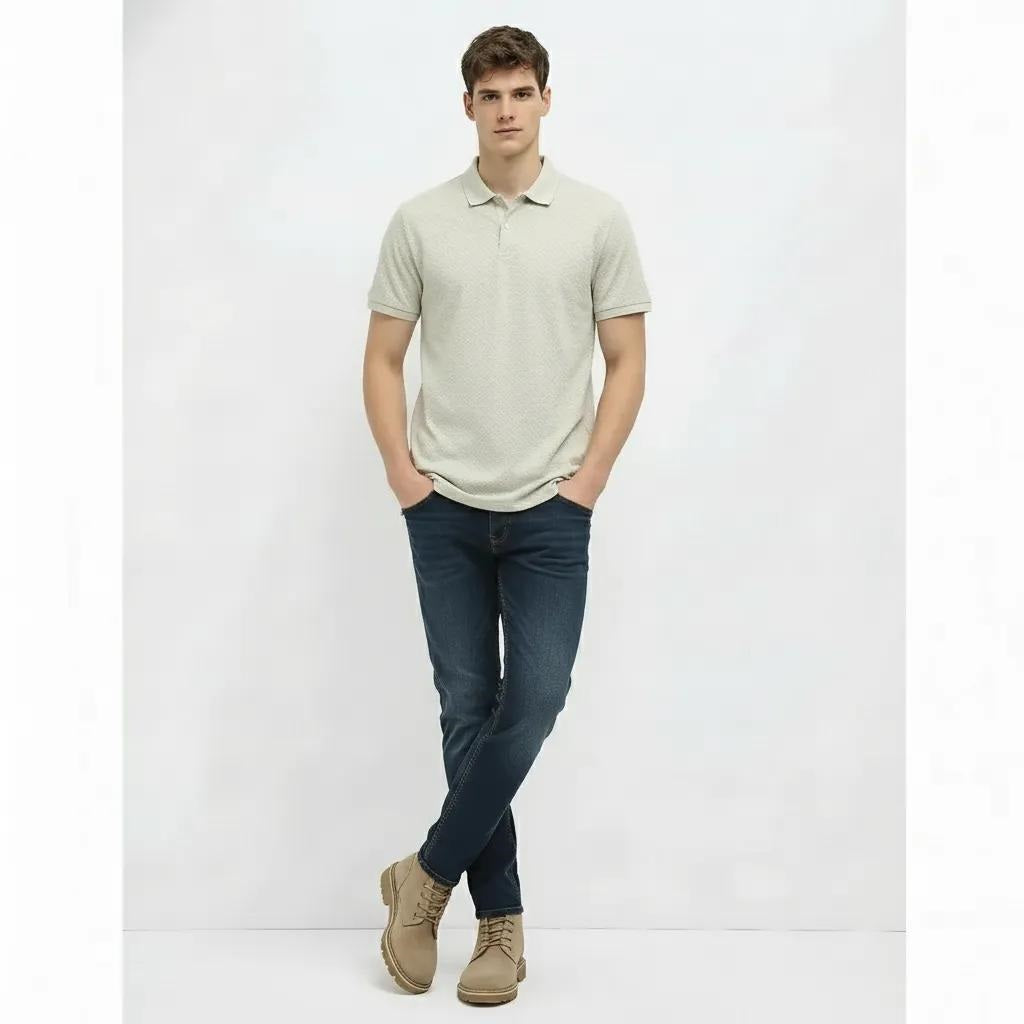 Men Frosted Mint Polo Collar Self Design T-shirt
