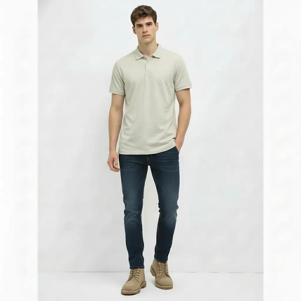 Men Frosted Mint Polo Collar Self Design T-shirt