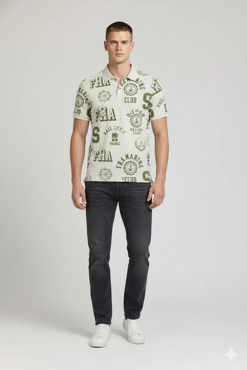 Men Oil Green Typography Printed Polo Collar T-shirt