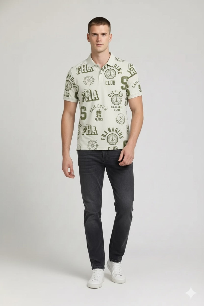 Men Oil Green Typography Printed Polo Collar T-shirt
