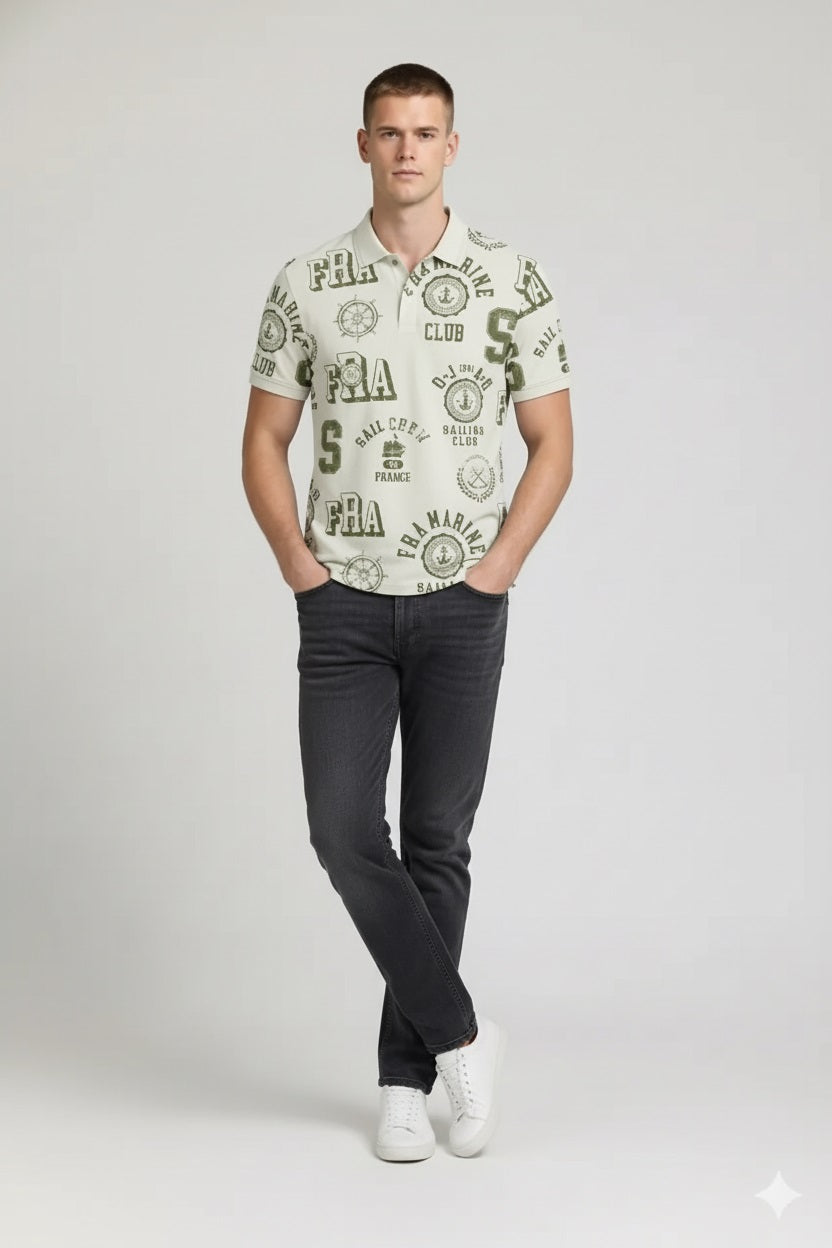 Men Oil Green Typography Printed Polo Collar T-shirt