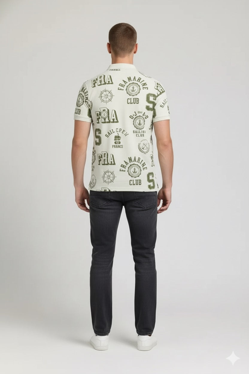 Men Oil Green Typography Printed Polo Collar T-shirt