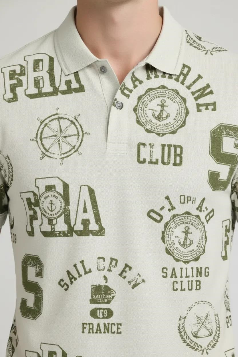 Men Oil Green Typography Printed Polo Collar T-shirt