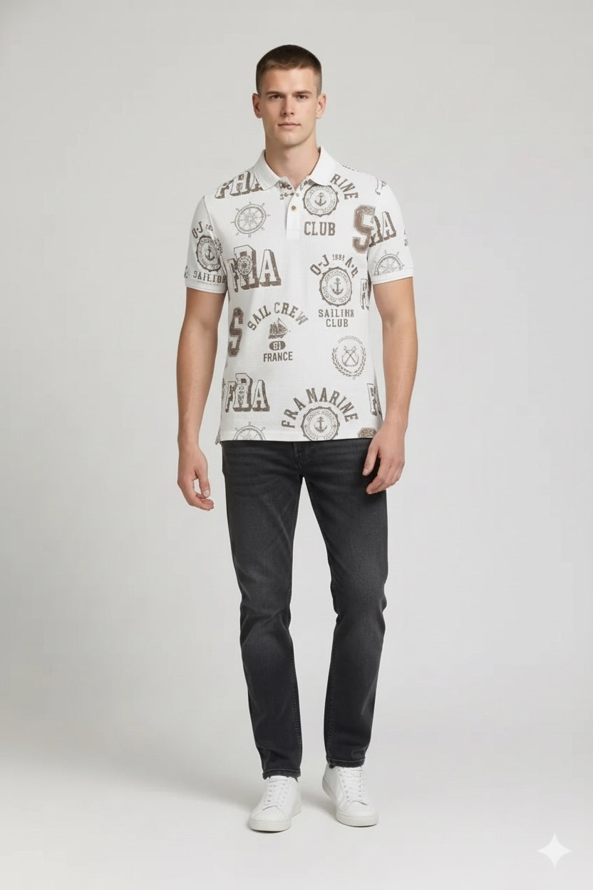 Men Stone Typography Printed Polo Collar T-shirt