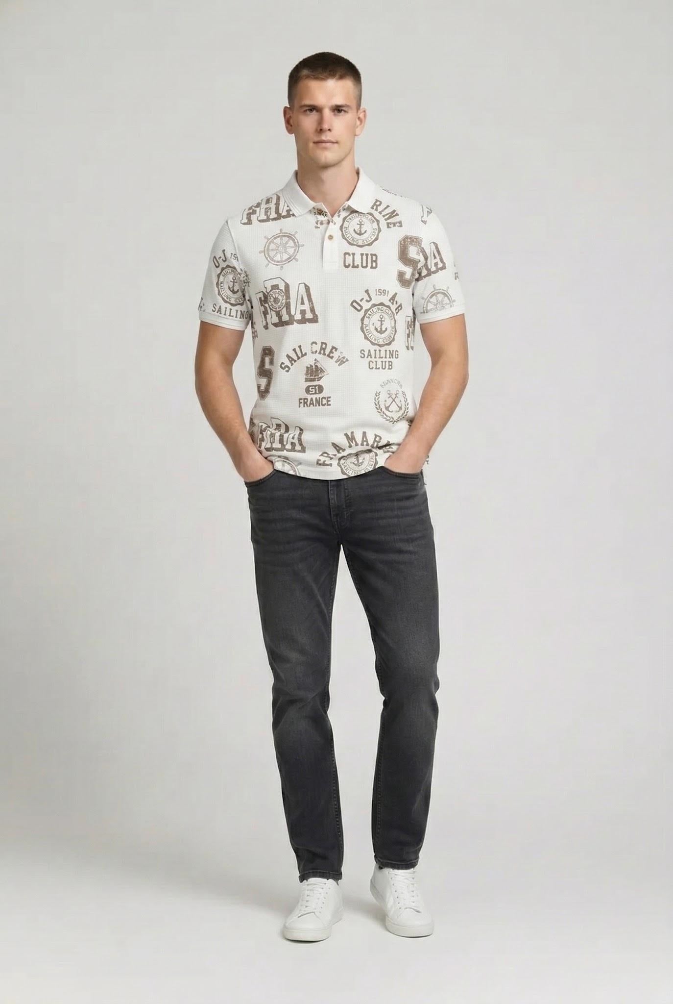 Men Stone Typography Printed Polo Collar T-shirt