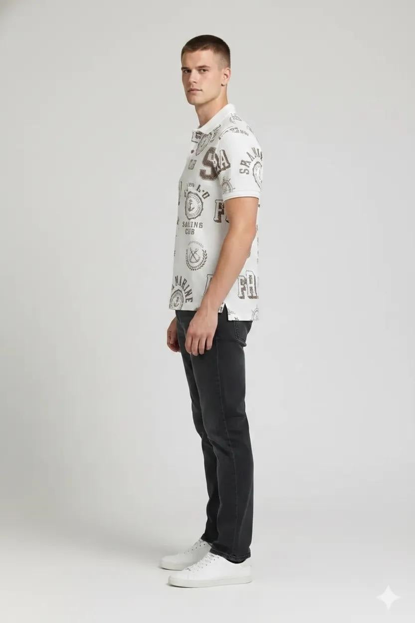 Men Stone Typography Printed Polo Collar T-shirt