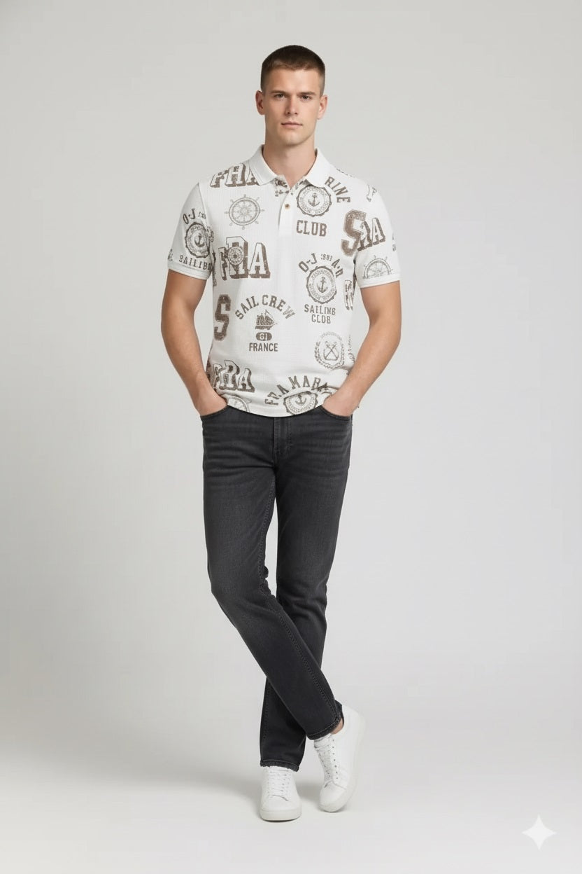 Men Stone Typography Printed Polo Collar T-shirt