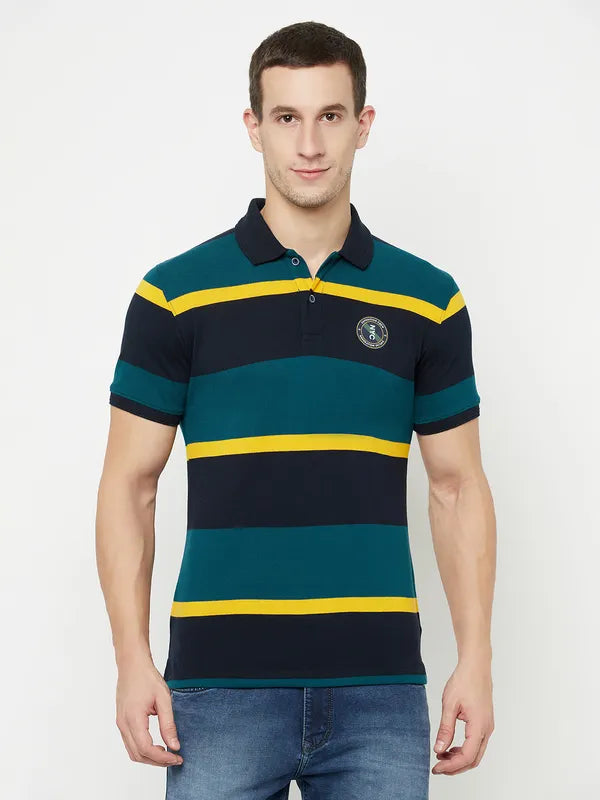 Octave Men Green Striped Polo Collar Applique T-Shirt