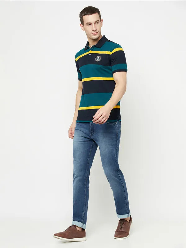 Octave Men Green Striped Polo Collar Applique T-Shirt