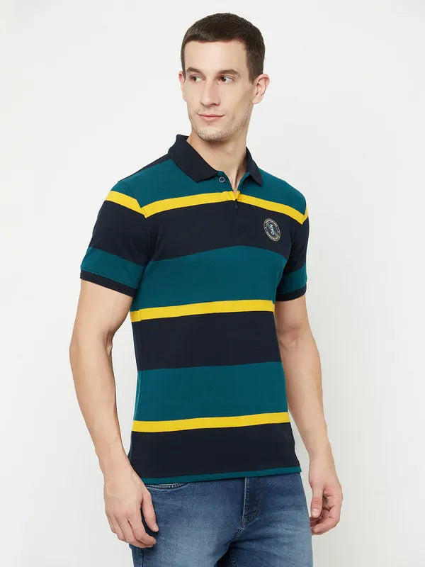 Octave Men Green Striped Polo Collar Applique T-Shirt