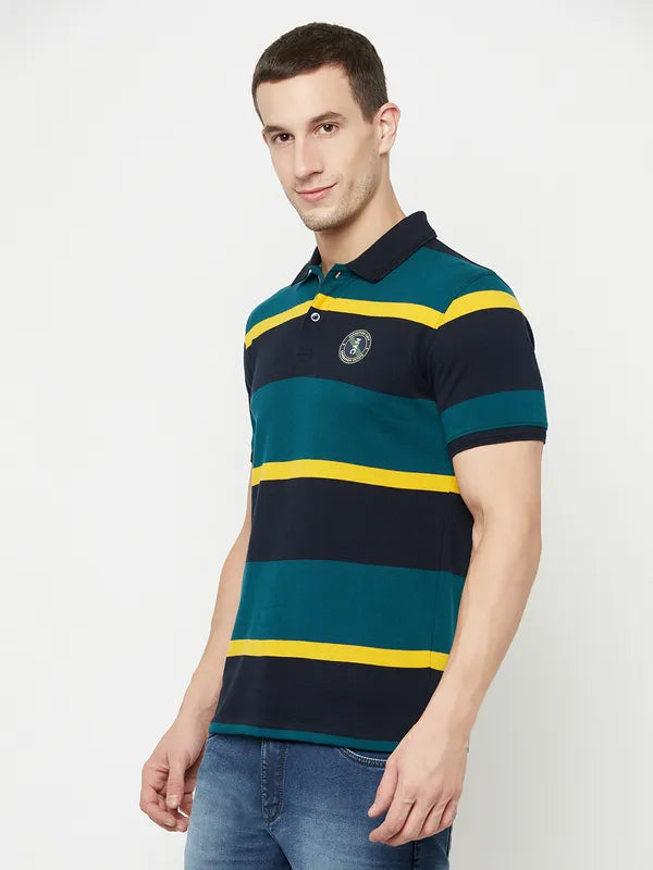 Octave Men Green Striped Polo Collar Applique T-Shirt