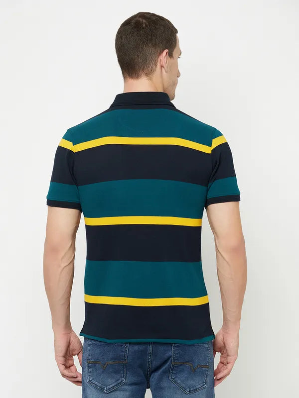 Octave Men Green Striped Polo Collar Applique T-Shirt