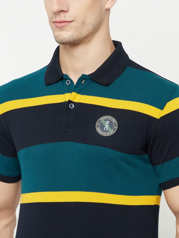 Octave Men Green Striped Polo Collar Applique T-Shirt