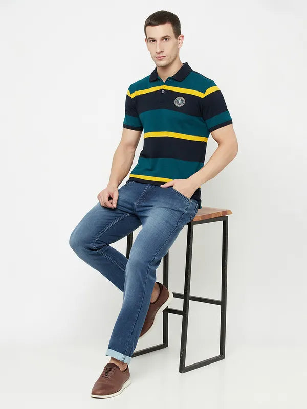 Octave Men Green Striped Polo Collar Applique T-Shirt