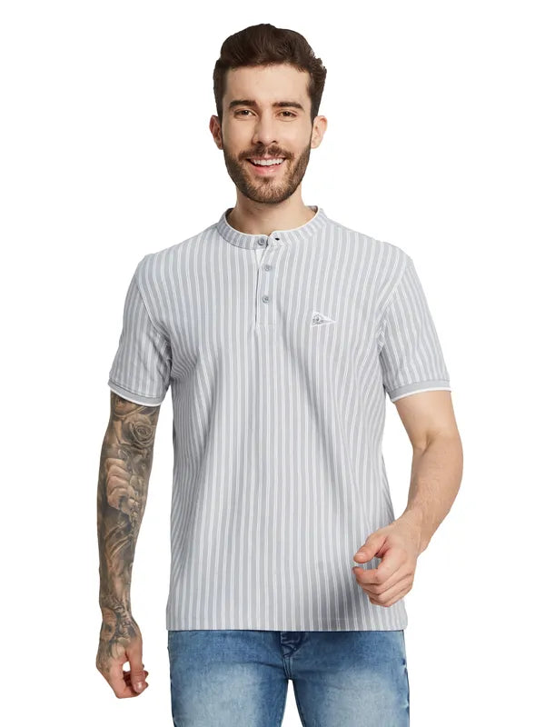 Octave Men Striped Mandarin Collar Pockets T-Shirt