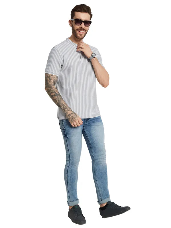 Octave Men Striped Mandarin Collar Pockets T-Shirt