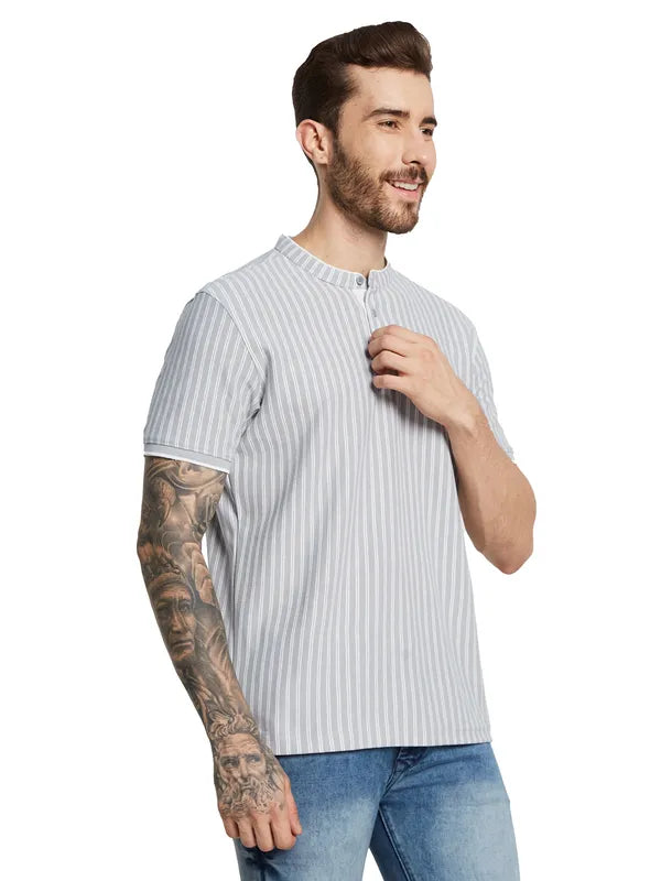 Octave Men Striped Mandarin Collar Pockets T-Shirt