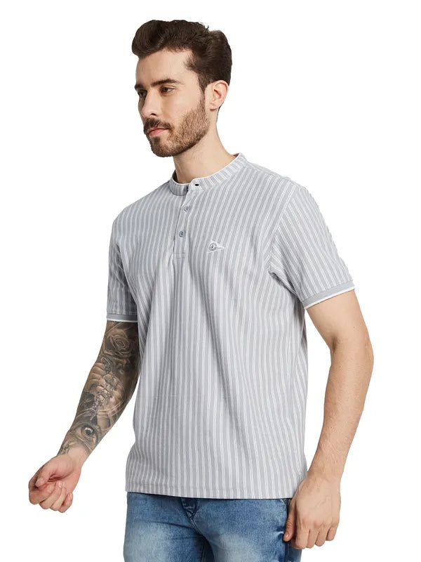 Octave Men Striped Mandarin Collar Pockets T-Shirt