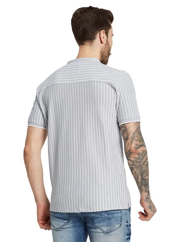 Octave Men Striped Mandarin Collar Pockets T-Shirt