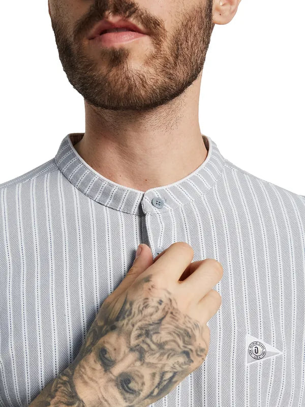 Octave Men Striped Mandarin Collar Pockets T-Shirt