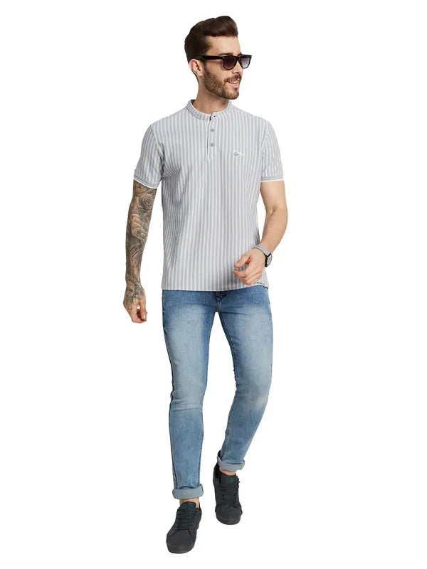 Octave Men Striped Mandarin Collar Pockets T-Shirt