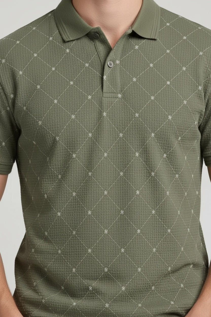 Men Olive Polo Collar T-shirt