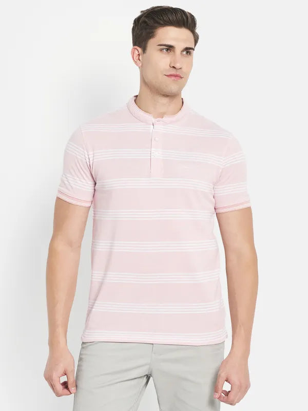 Octave Men Pink Striped Henley Neck T-Shirt