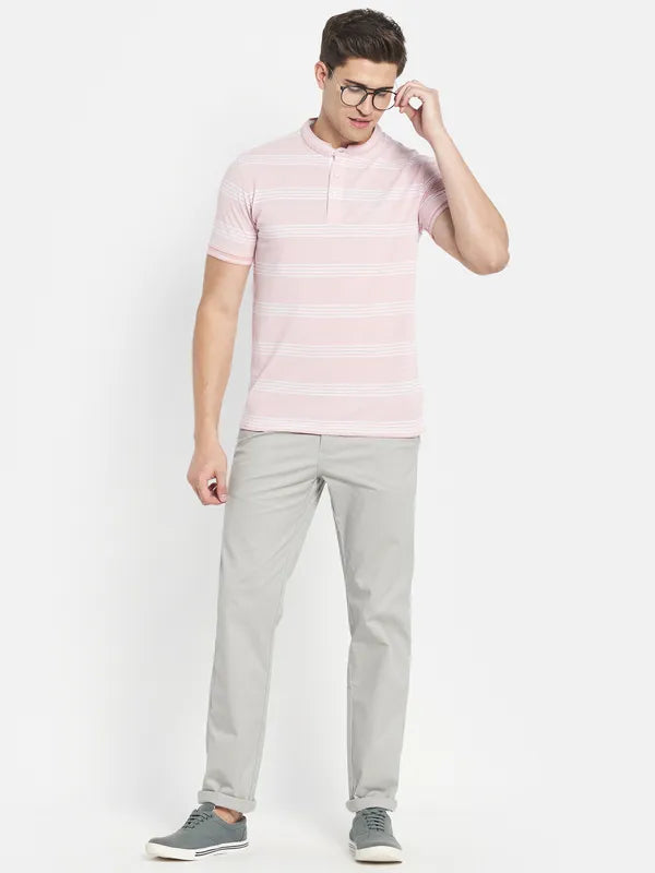 Octave Men Pink Striped Henley Neck T-Shirt