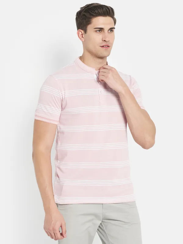 Octave Men Pink Striped Henley Neck T-Shirt