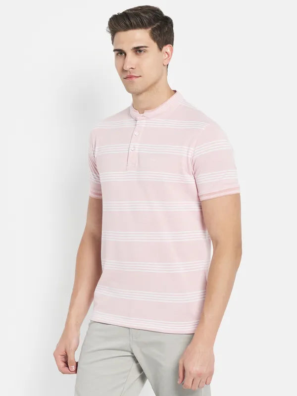 Octave Men Pink Striped Henley Neck T-Shirt