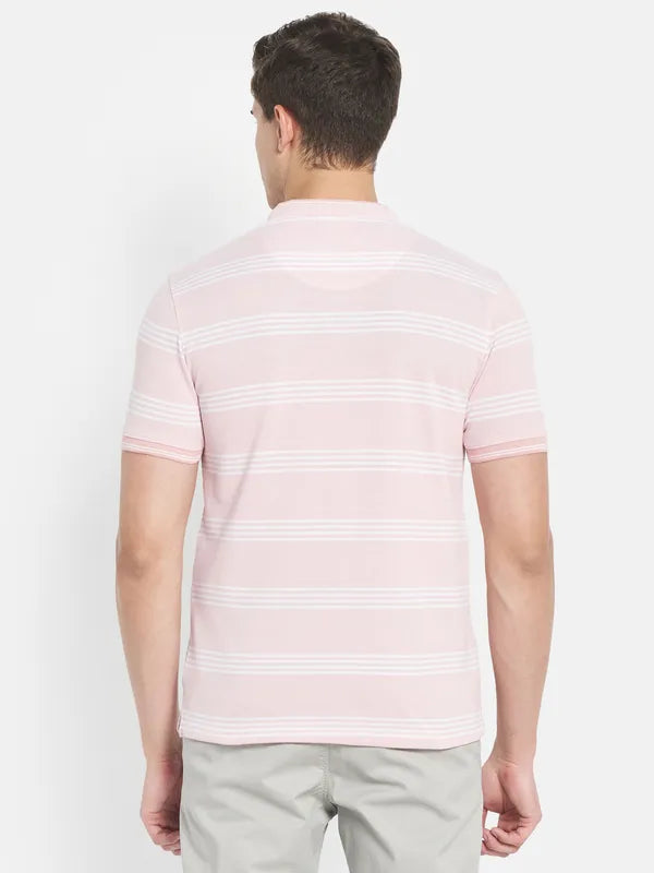 Octave Men Pink Striped Henley Neck T-Shirt