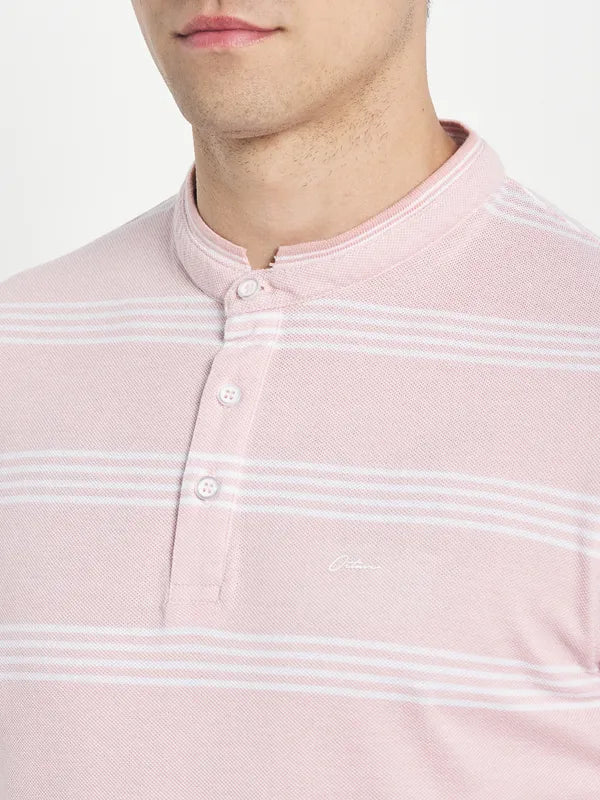 Octave Men Pink Striped Henley Neck T-Shirt