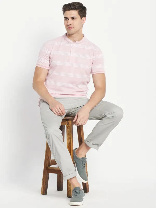 Octave Men Pink Striped Henley Neck T-Shirt