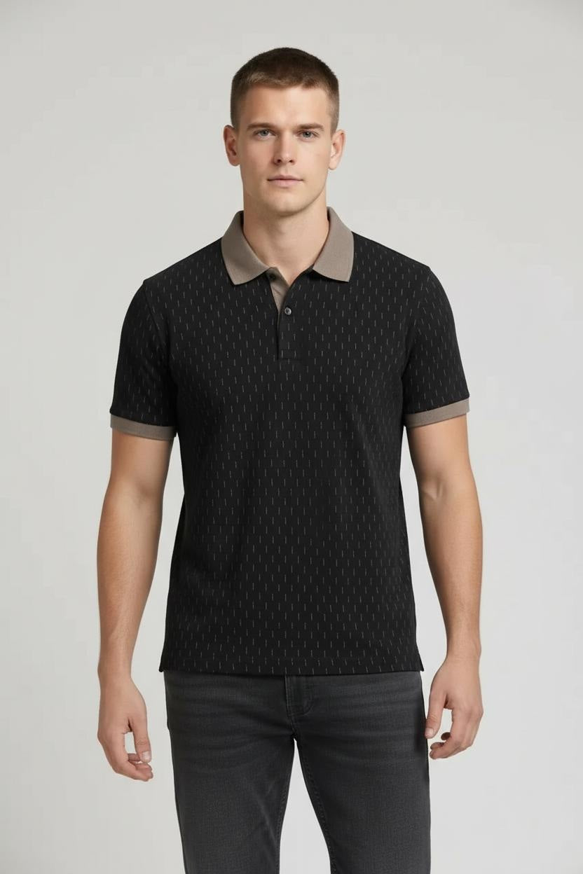 Men Black Printed Polo Collar T-shirt