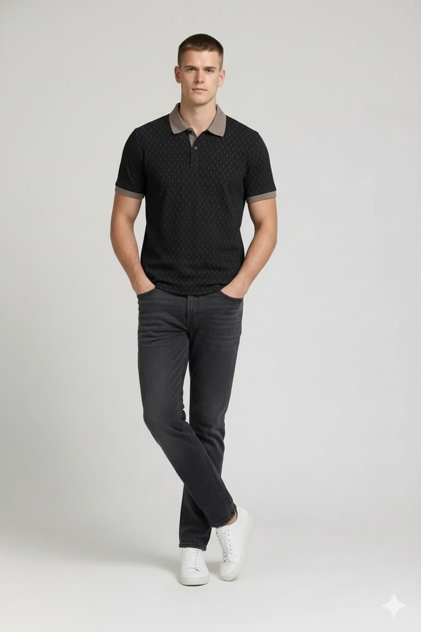 Men Black Printed Polo Collar T-shirt