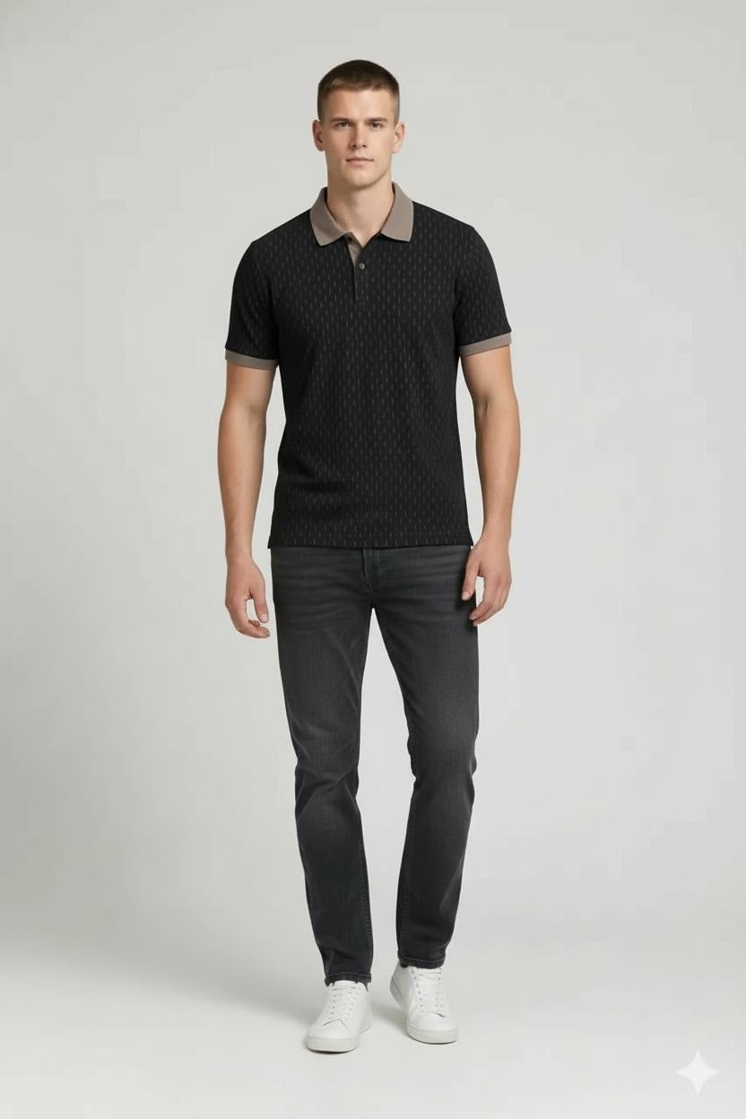 Men Black Printed Polo Collar T-shirt