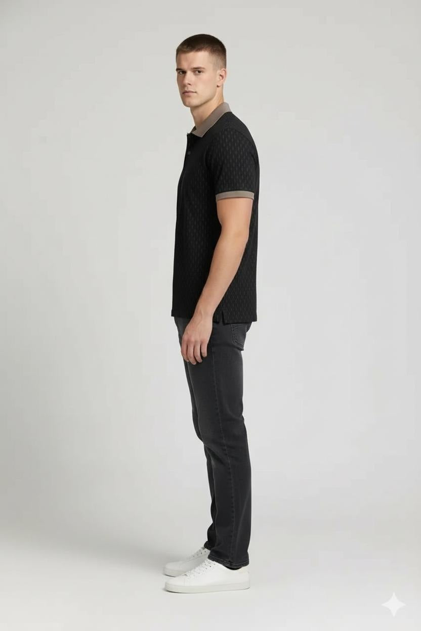 Men Black Printed Polo Collar T-shirt