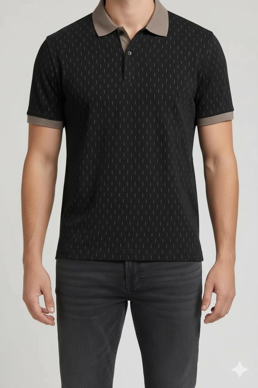 Men Black Printed Polo Collar T-shirt